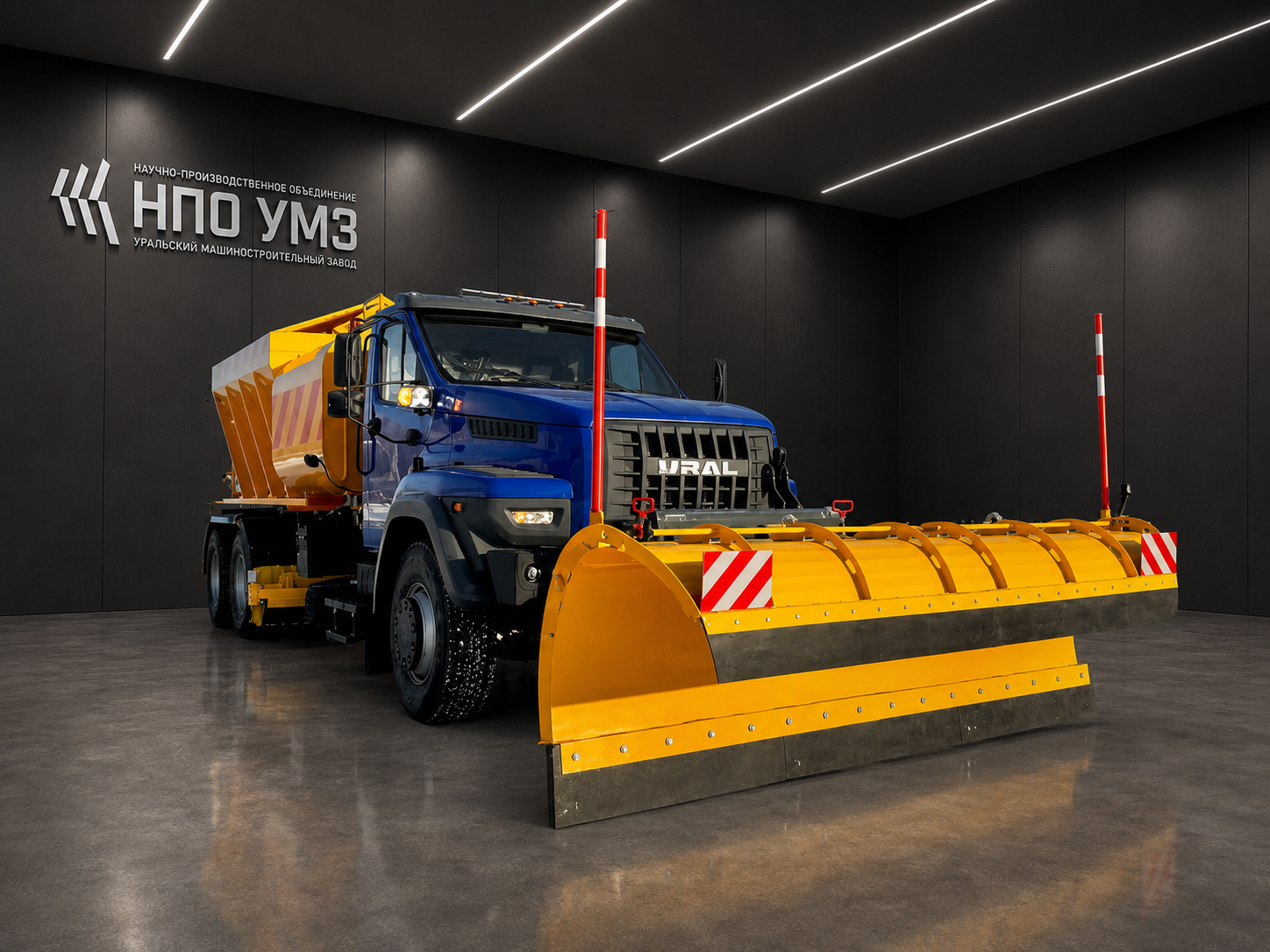 КДМ комбинированная дорожная машина на базе самосвала УРАЛ NEXT 6x4 с пескоразбрасывателем и отвалом